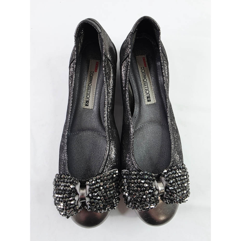 Composition Nine Black & Silver Shimmer Ballet Flats Slipper /Bow Women's Size 7